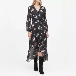 Banana Republic Black Floral Ruffle Midi Dress Long Sleeve Size 00 Petite
